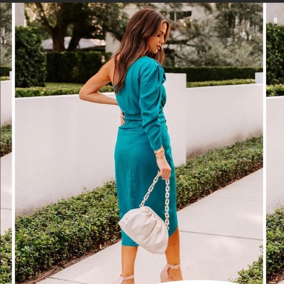 VICI Satin Teal One Shoulder MIDI Dress - Picture 5 of 13